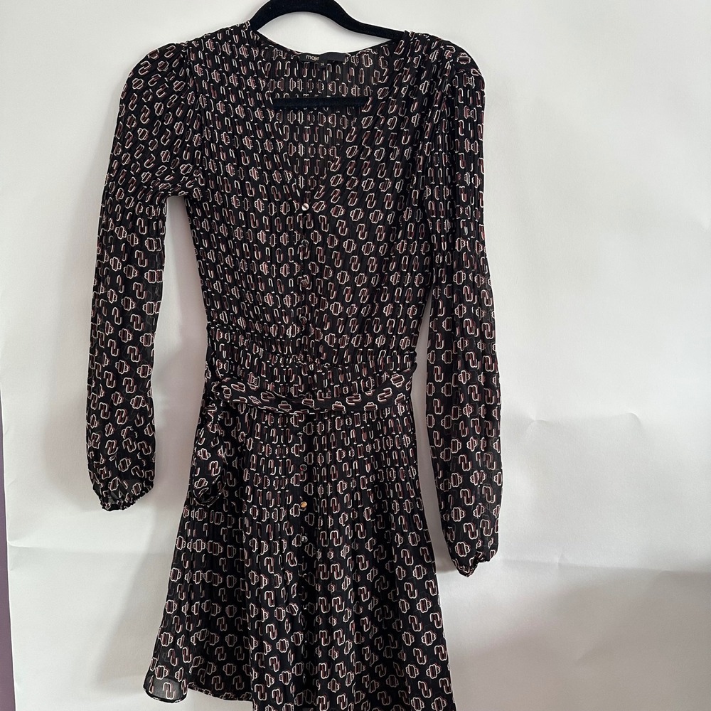 Maje Pleated Geometric Logo Print Mini Dress Black Red White Size 36